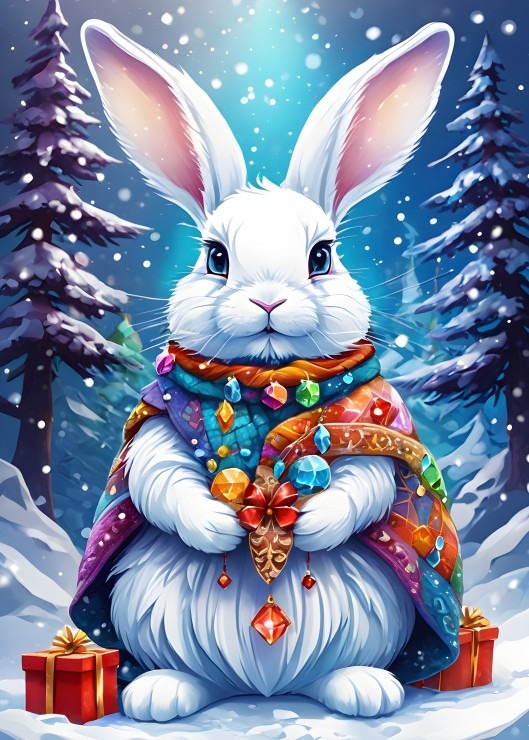 A fluffy white rabbit wearing a colorful jeweled scarf and cape stands in a snowy forest.