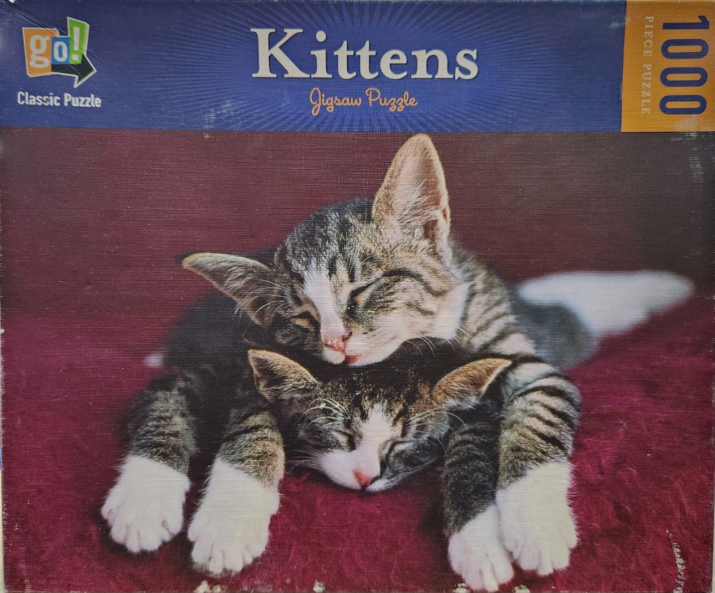 Two tabby kittens sleeping curled up together on a deep red surface.