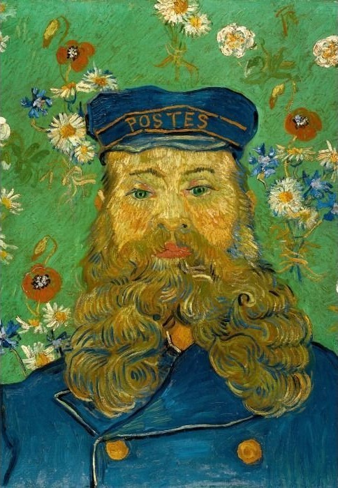 Portrait of a bearded man in a blue postal uniform against a floral green background.