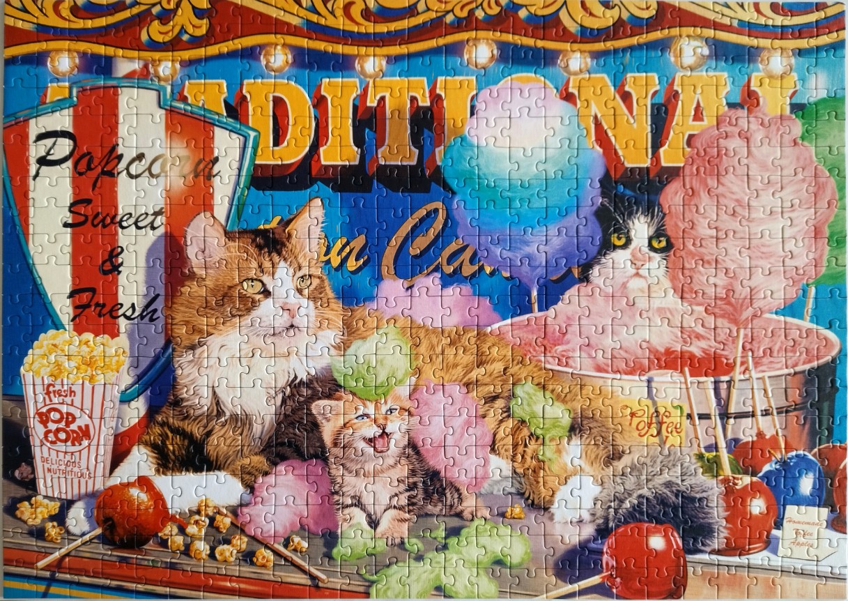 A whimsical illustration of three cats amidst carnival treats like popcorn, cotton candy, and candy apples.