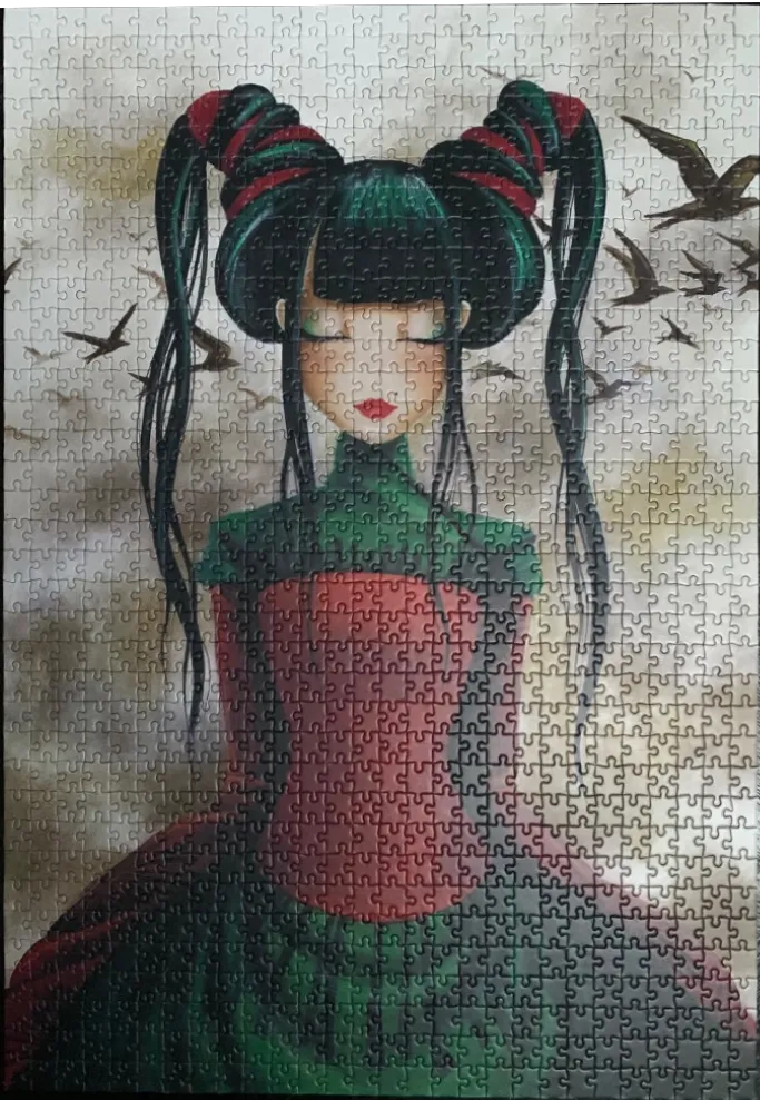 An illustration of a stylized woman with high dark ponytails surrounded by a flock of birds.