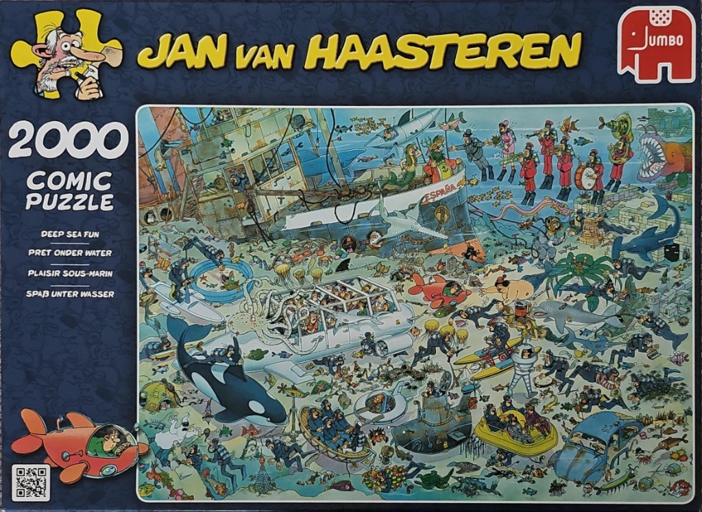 Busy, detailed underwater comic illustration featuring a sunken ship, a glass-bottom submarine, and many comical divers.