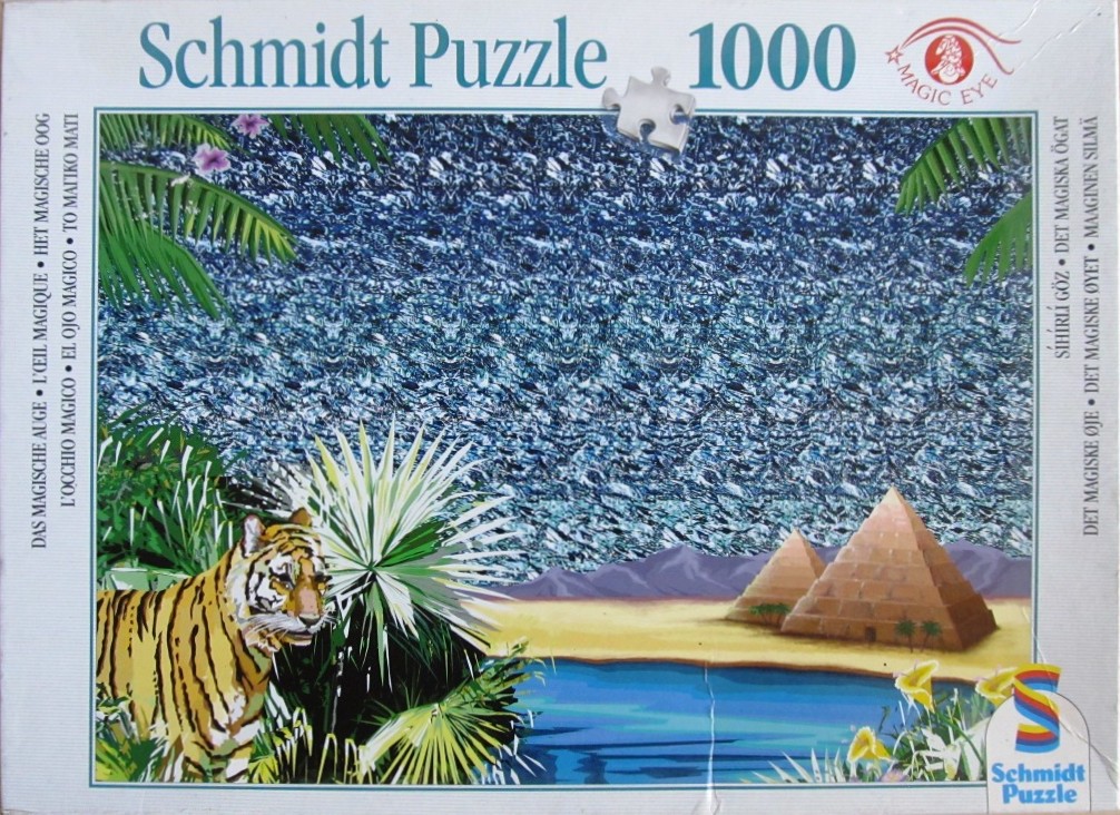 A stereogram image featuring a tiger in a tropical landscape with Egyptian pyramids in the distance.