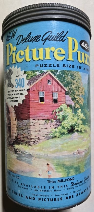 Vintage illustration of a red mill house beside a pond with a child playing in the water.