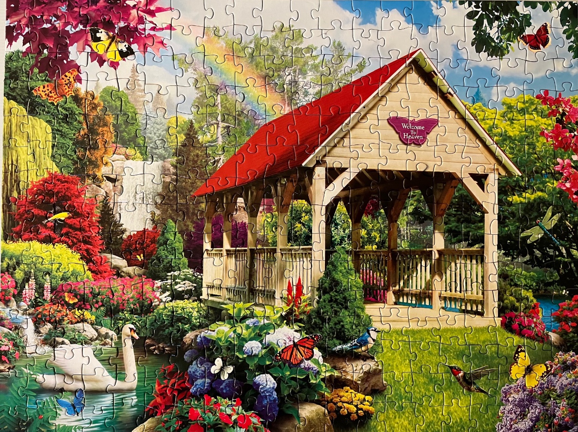 A scenic garden with a wooden pavilion, a pond with a swan, a rainbow, and many colorful butterflies.