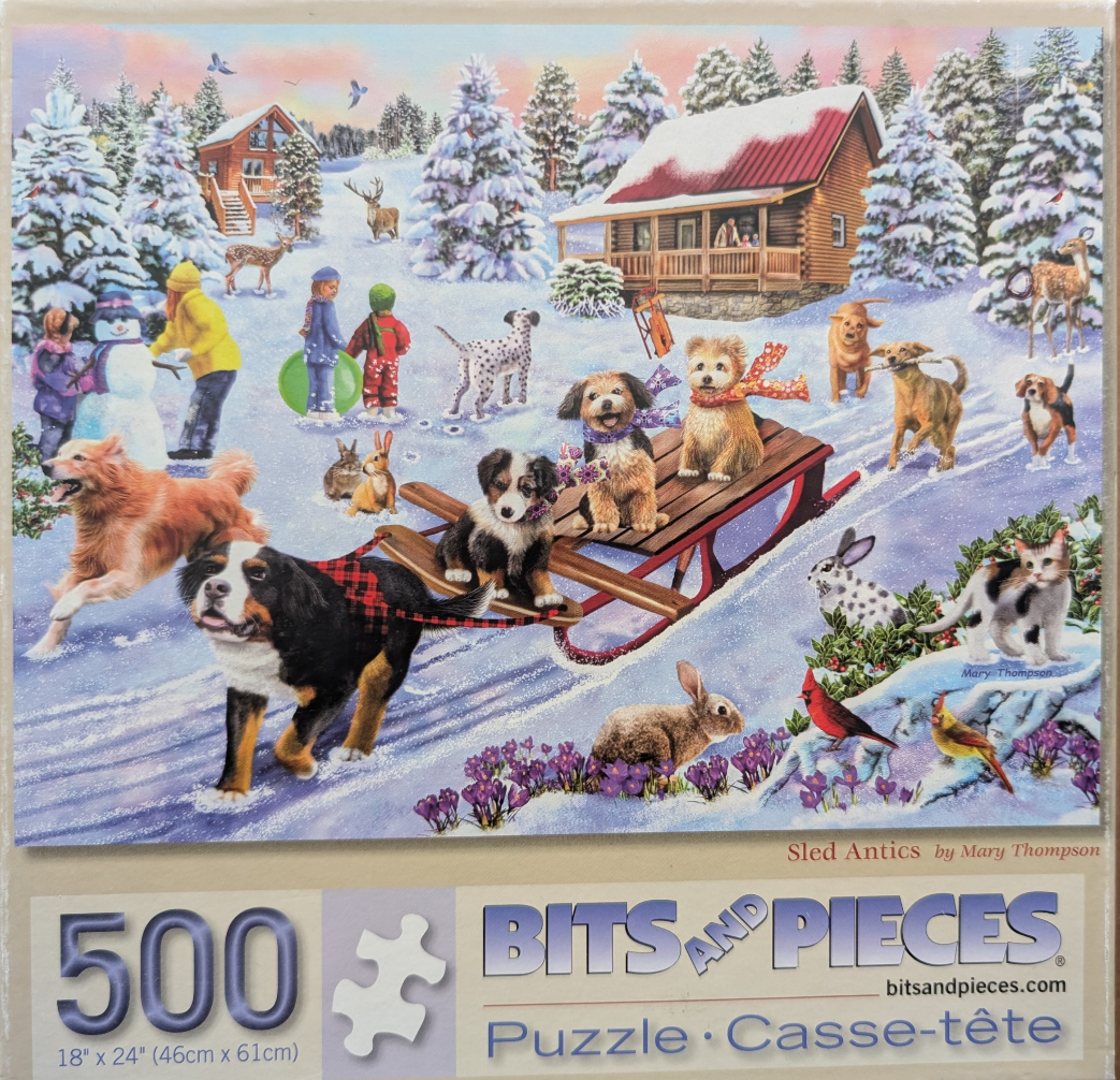 A whimsical winter scene with dogs, children, and wildlife playing in the snow near log cabins.