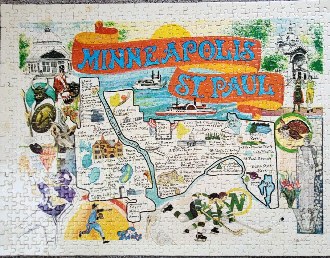 A vintage-style illustrated map of the Twin Cities featuring Minneapolis and St. Paul landmarks and local cultural icons.