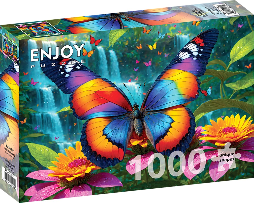 A vibrant butterfly with rainbow-patterned wings resting in a lush, tropical forest with cascading waterfalls.