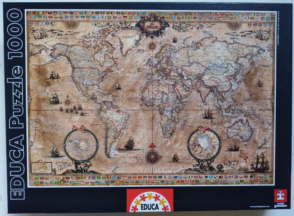 Vintage-style antique world map with decorative compasses and sailing ships.