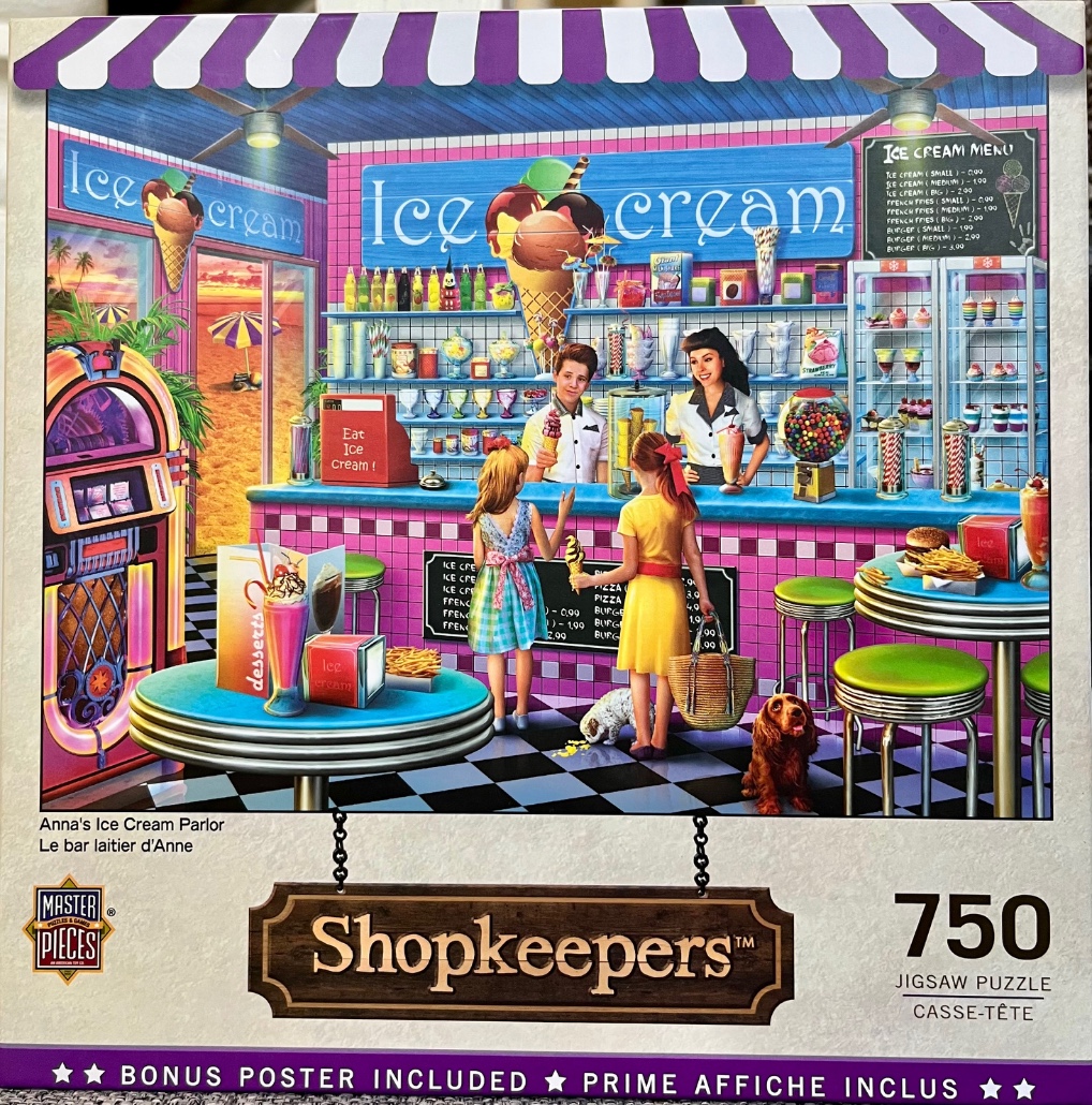 A 1950s style ice cream parlor scene with a jukebox, counter service, and patrons.