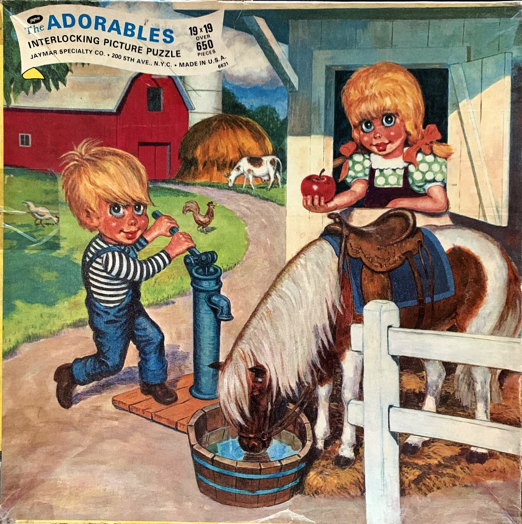 Illustration of a blonde boy using a water pump and a blonde girl offering an apple to a saddled pony on a farm.