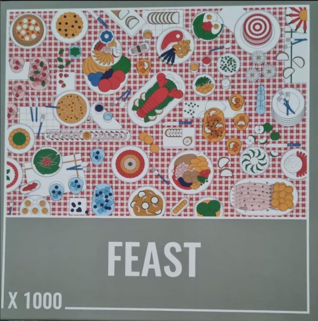 A top-down stylized illustration of an abundant food feast set on a red and white checkered tablecloth.