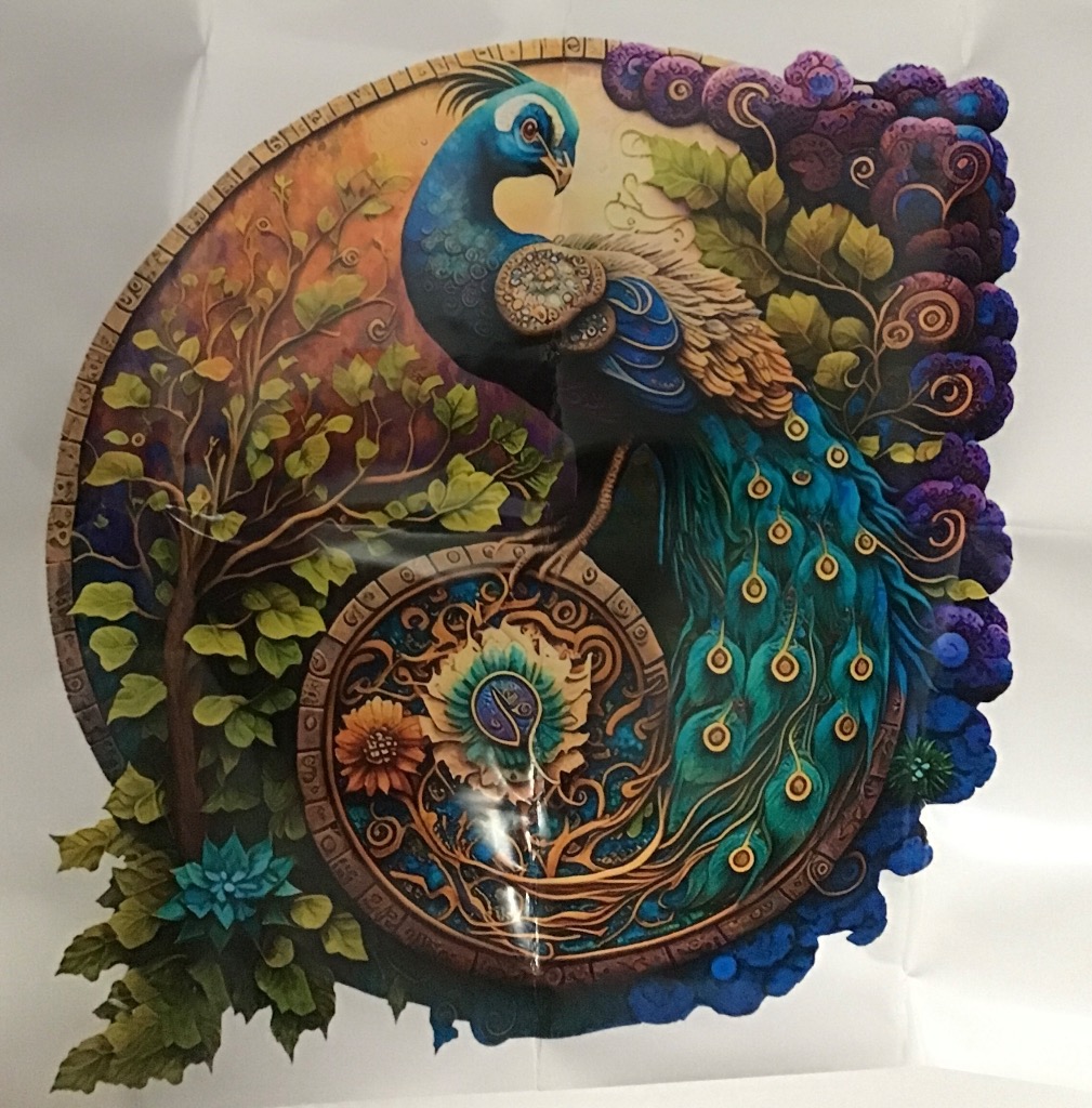 An ornate illustration of a peacock perched upon a spiral stone structure set against a vibrant, natural background.