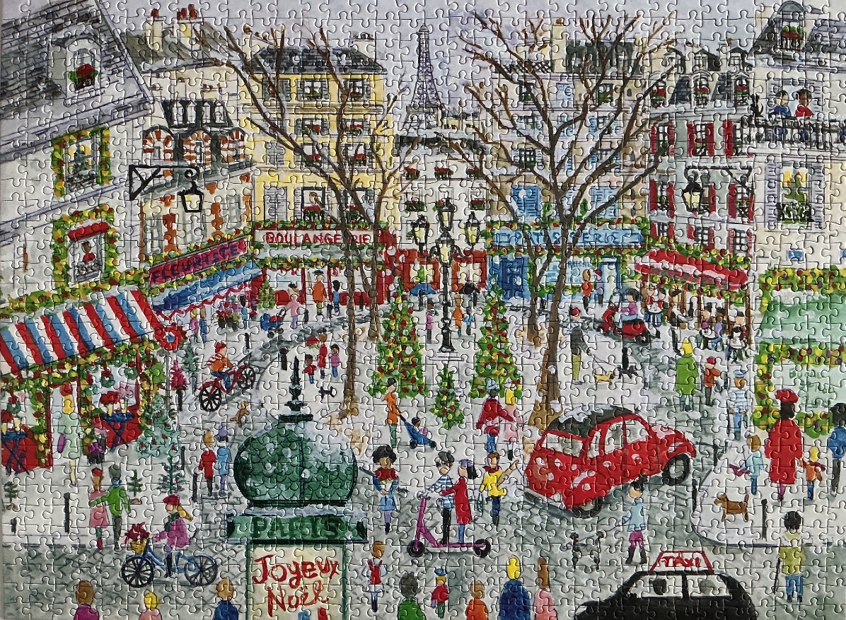 A whimsical illustration of a busy Paris street scene during the holiday season.