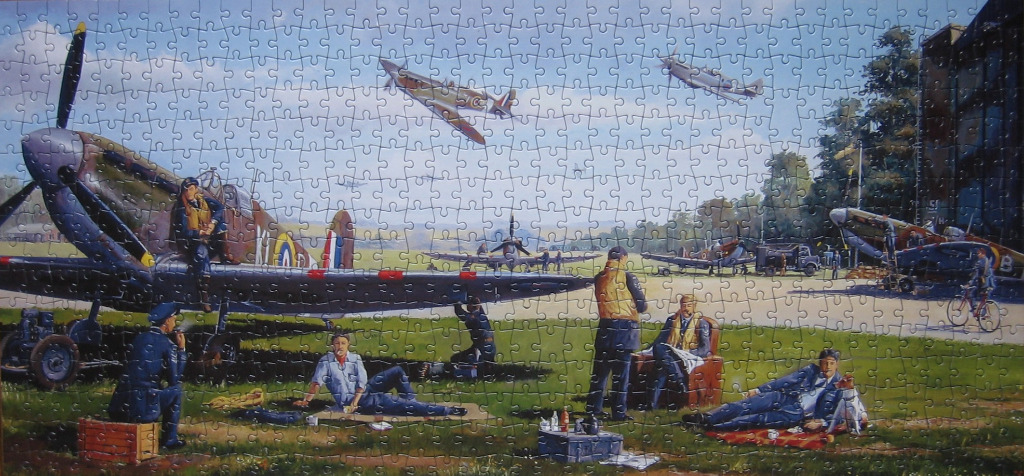 Painting of World War II Royal Air Force pilots and ground crew relaxing on an airfield near Supermarine Spitfire aircraft.
