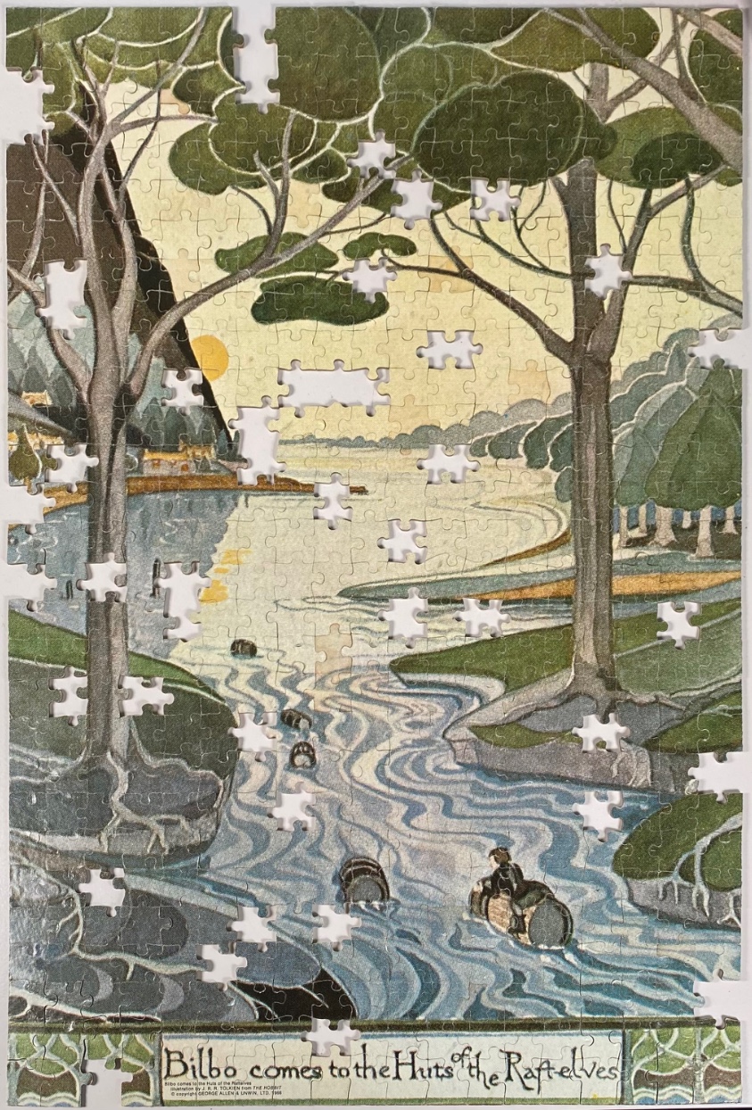 An illustration from The Hobbit showing Bilbo riding a barrel down a river towards the Huts of the Raft-elves.