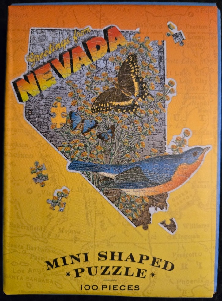 A vintage-style illustration of the state of Nevada featuring a swallow, butterflies, and desert flowers.