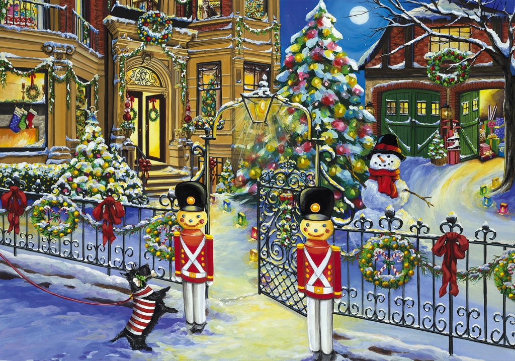 A whimsical snowy Christmas scene featuring two toy soldiers flanking an iron gate, a snowman, and a small dog.