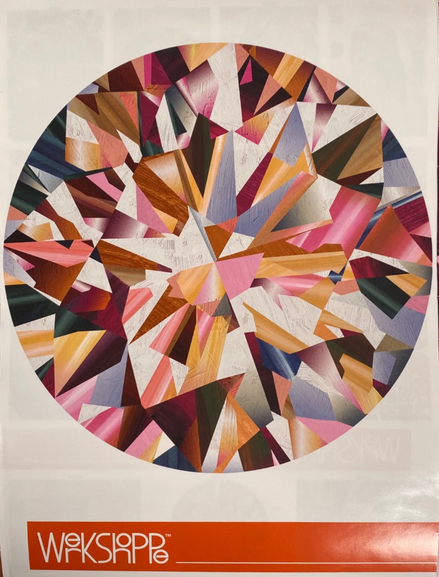A circular, abstract geometric illustration of a diamond