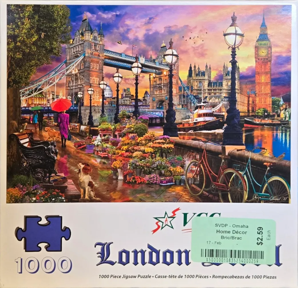 A scenic illustration of Tower Bridge and Big Ben in London at sunset with a flower stall and people walking by.