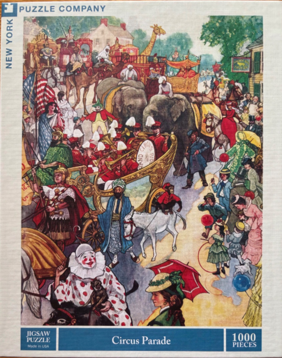 Illustration of a colorful vintage circus parade moving down a town street with animals, performers, and crowds.