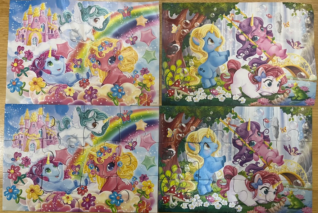 Two separate whimsical unicorn and fairy tale scenes featuring colorful characters, castles, and magical landscapes.