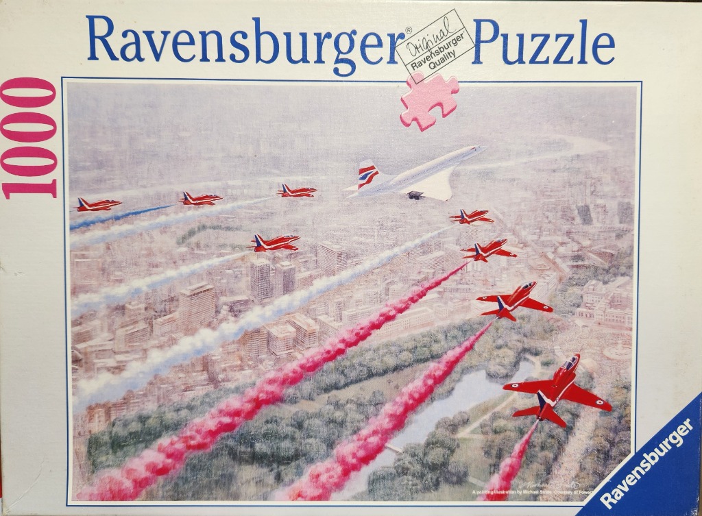 Illustration of the Concorde and Red Arrows flying in formation over a city park.
