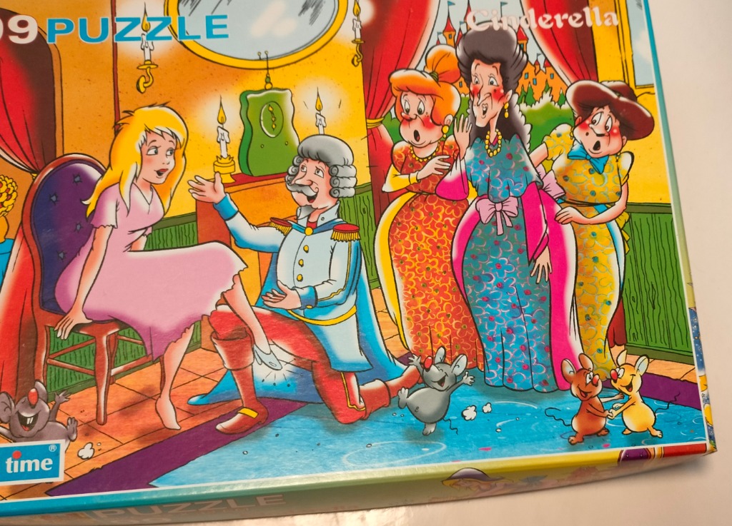 Cartoon illustration of Cinderella being fitted with a glass slipper by a prince as her stepfamily looks on.
