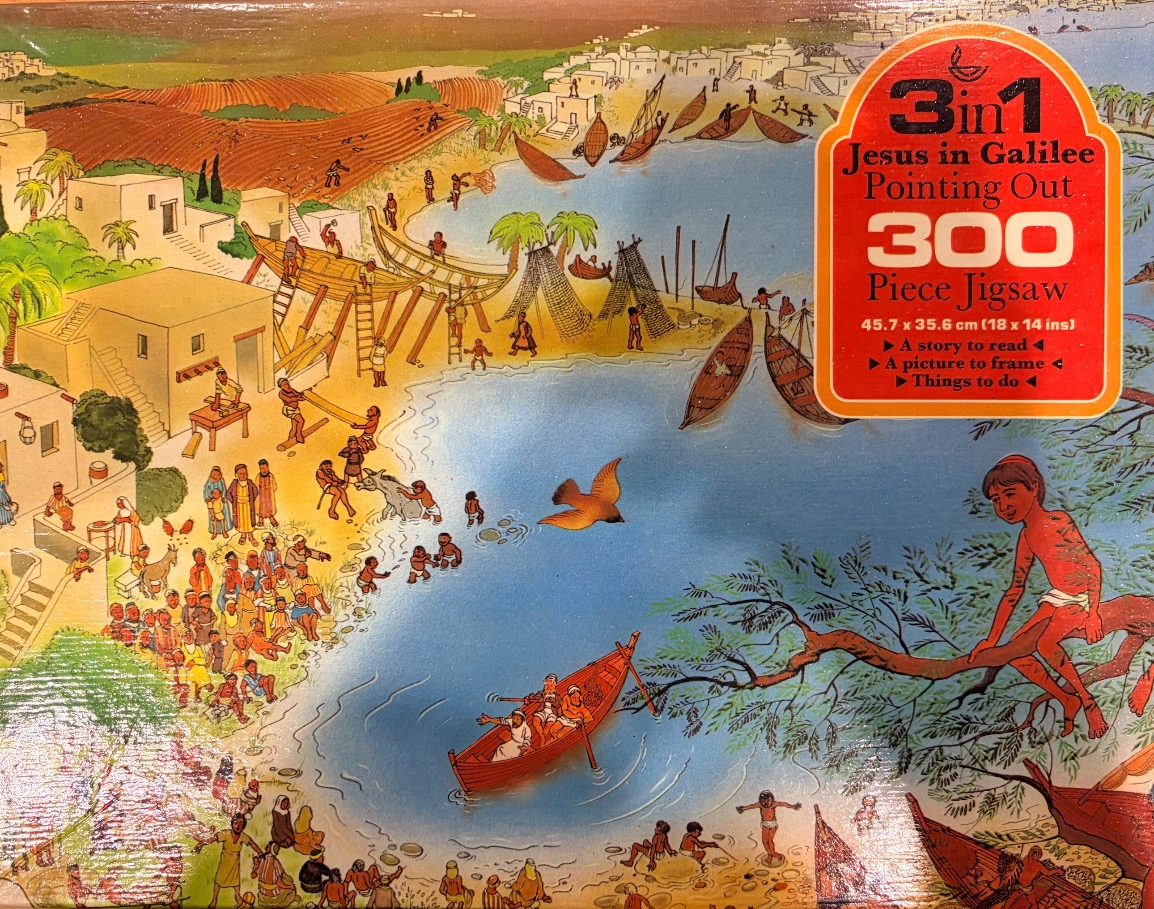 Biblical scene illustration of Jesus by the Sea of Galilee with villagers, boats, and a landscape setting.
