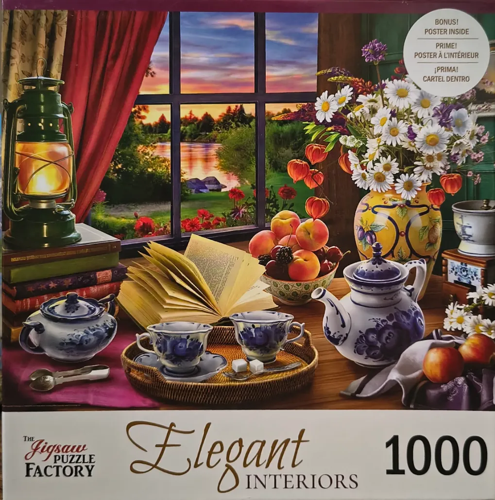 Still life of a cozy indoor setting by a window with a tea service, books, and flowers at sunset.
