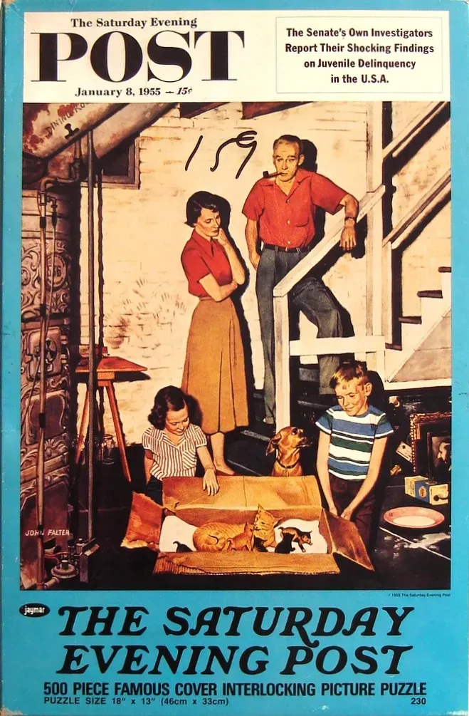 A vintage illustration of a family discovering a litter of kittens in a basement.