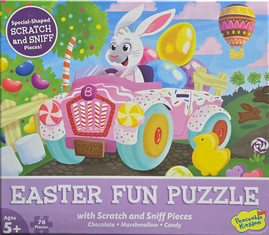 Cartoon illustration of a white rabbit driving a candy-themed car in an Easter landscape.