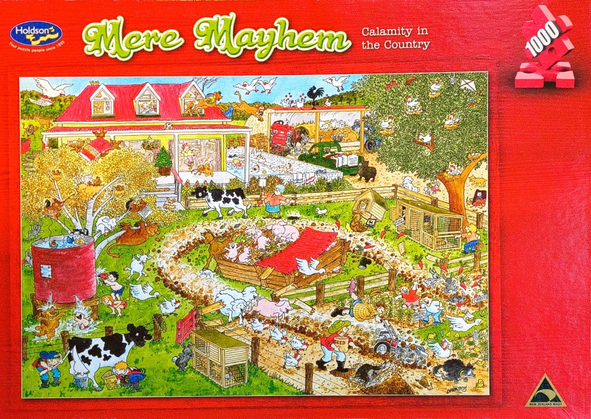 A chaotic cartoon scene of a farmyard with animals and people causing humorous mayhem.