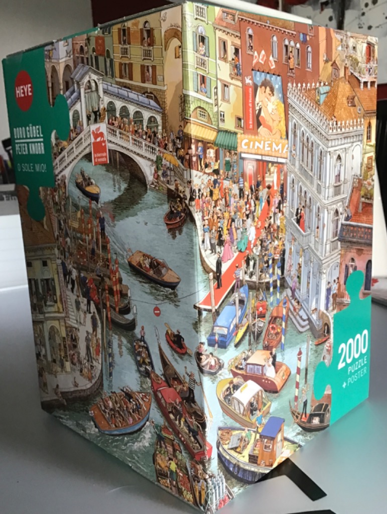 Illustrated scene of a bustling Venetian canal with boats, tourists, and historic buildings.