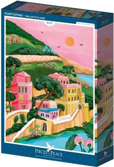 A whimsical illustration of the hillside village of Portofino at sunset with pink and yellow buildings.