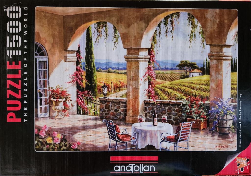 An oil painting style view of an Italian terrace overlooking a vineyard at sunset.