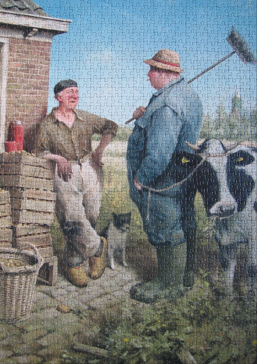 Two farmers chatting by a brick farm building with a cow, a small dog, and a wooden basket in a rural setting.