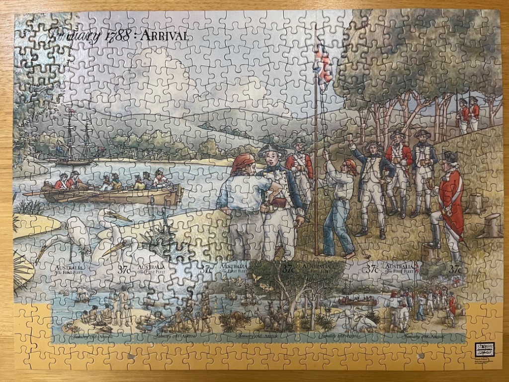 An illustration of the arrival of the First Fleet in Australia, formatted as a collection of postage stamps.
