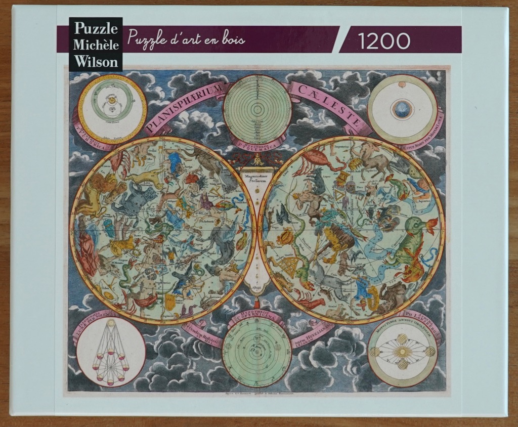 A vintage-style illustration of a celestial map featuring two large circular star charts surrounded by smaller diagrams.