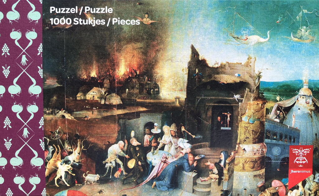 A surreal, chaotic Renaissance painting depicting a burning village and a grotesque feast in a ruined stone structure.