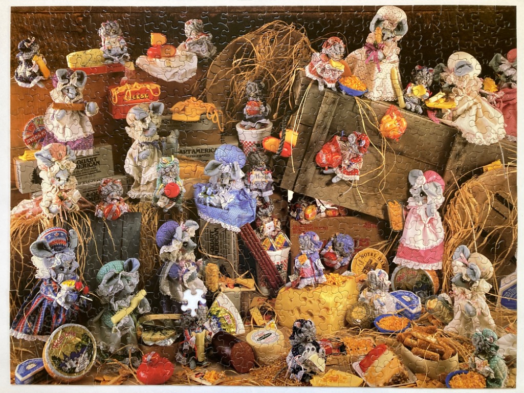 A whimsical scene of many anthropomorphic mice dressed in vintage clothing interacting with various cheeses.