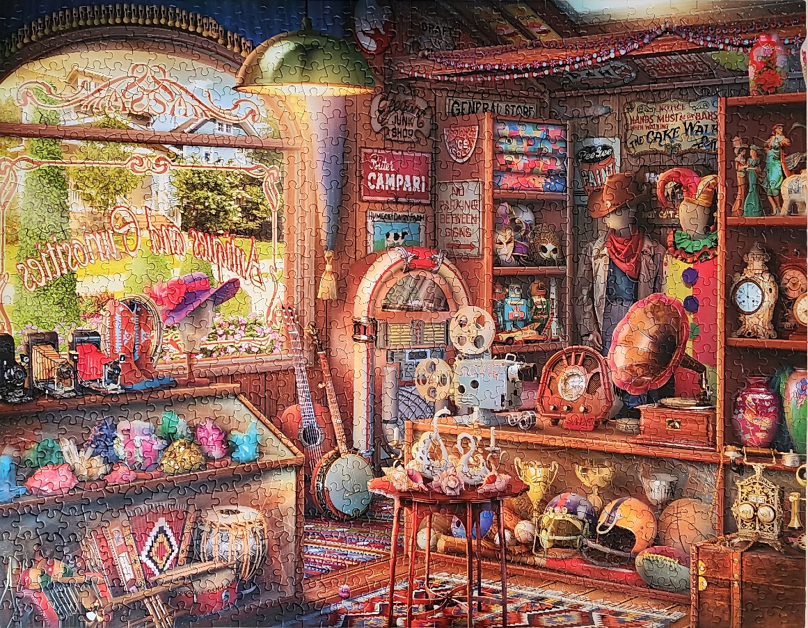 Interior view of a cluttered, nostalgic antique and curiosity shop filled with vintage collectibles.