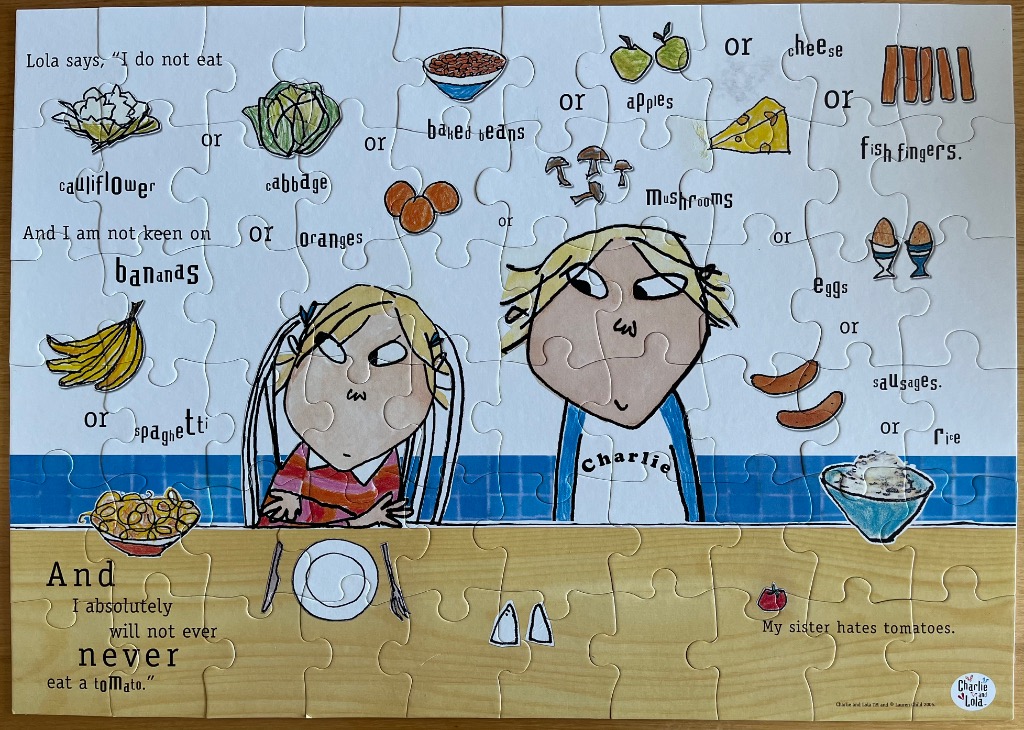 Illustration of two children, Charlie and Lola, surrounded by various food items and labels in a whimsical storybook style.