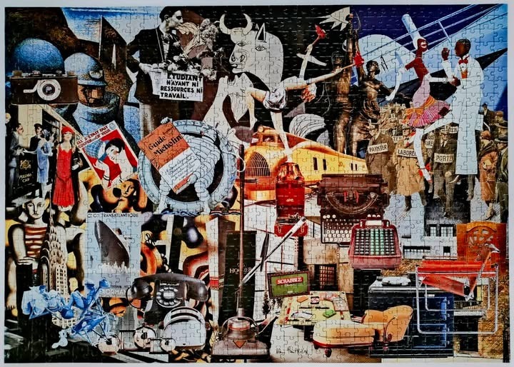 A dense surrealist art collage featuring a mix of vintage advertisements, industrial machinery, and historical figures.