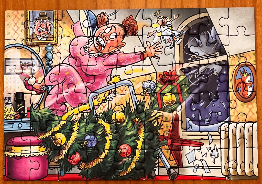 Cartoon image of an elderly woman in pink pajamas falling with a walker near a Christmas tree.