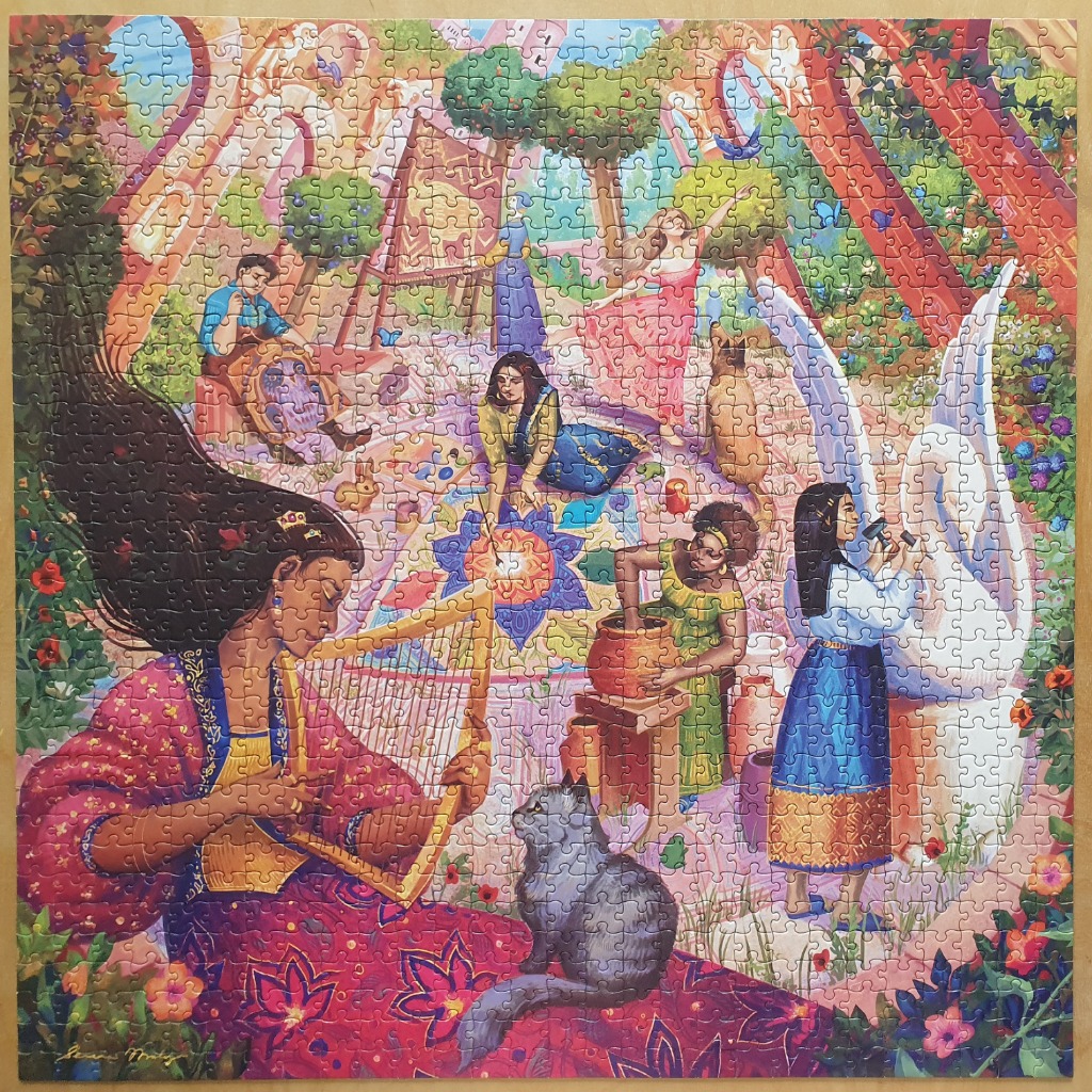 An illustration of several women engaged in various artistic and creative pursuits in a lush, magical garden setting.