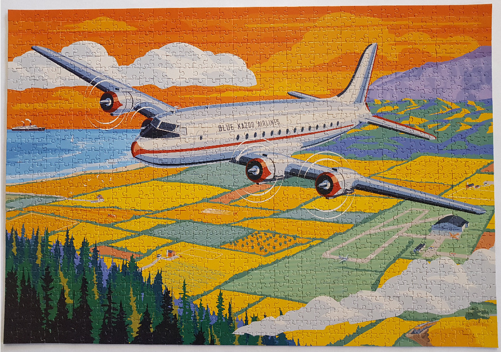 Vintage-style illustration of a propeller plane flying over a golden coastal landscape at sunset.