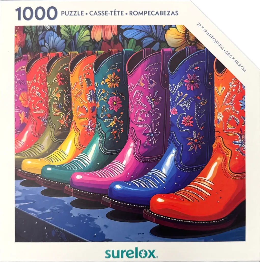 A vibrant illustration of a row of brightly colored, floral-embroidered cowboy boots lined up against a garden background.