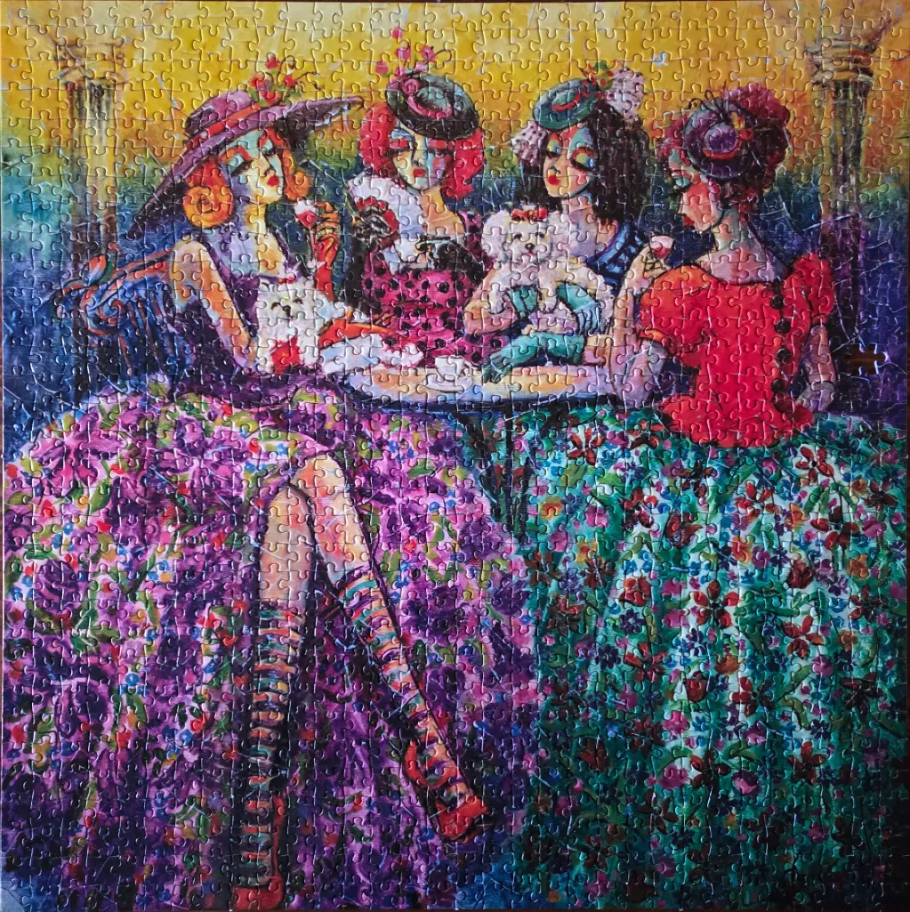 An illustrative painting of four stylish women sitting at a small table, with a fluffy dog, in a warm, vibrant setting.