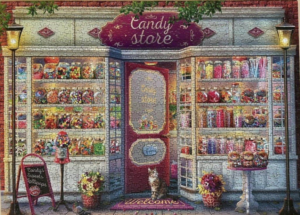 A charming, illustrated candy store storefront with shelves filled with jars of colorful sweets and a cat at the door.
